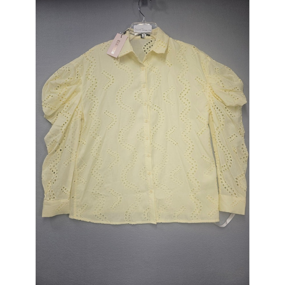 Missguided Yellow Broderie Puff Shoulder Oversized Shirt Eyelet Cotton US 4 NEW